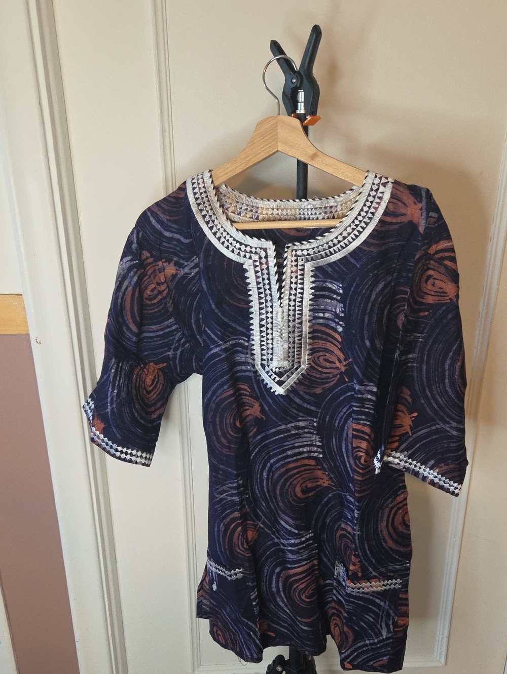 Blue & Brown Swirl Tunic Dress with Embroidered Neckline